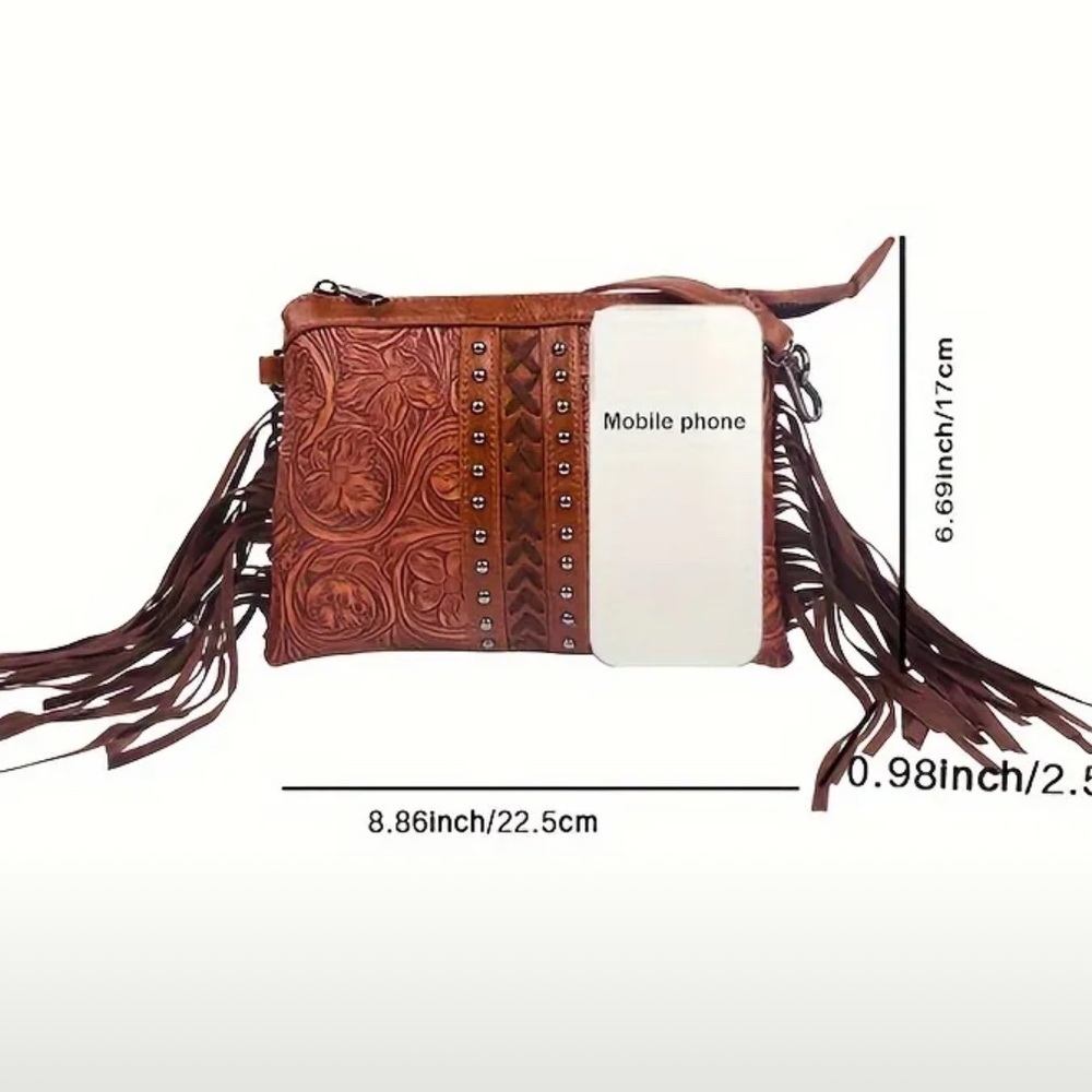 Brown Embossed Leather Crossbody Bag - Picture 4 of 12